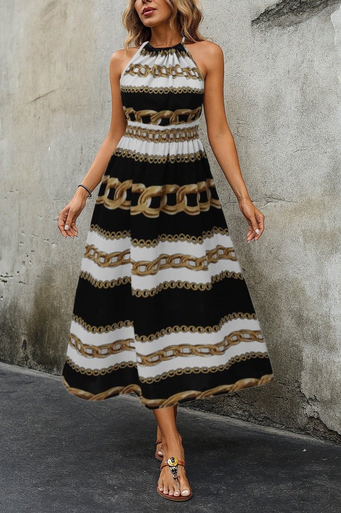 Women's Sleeveless Halterneck Elastic Waist Digital Print Supre Long Dress