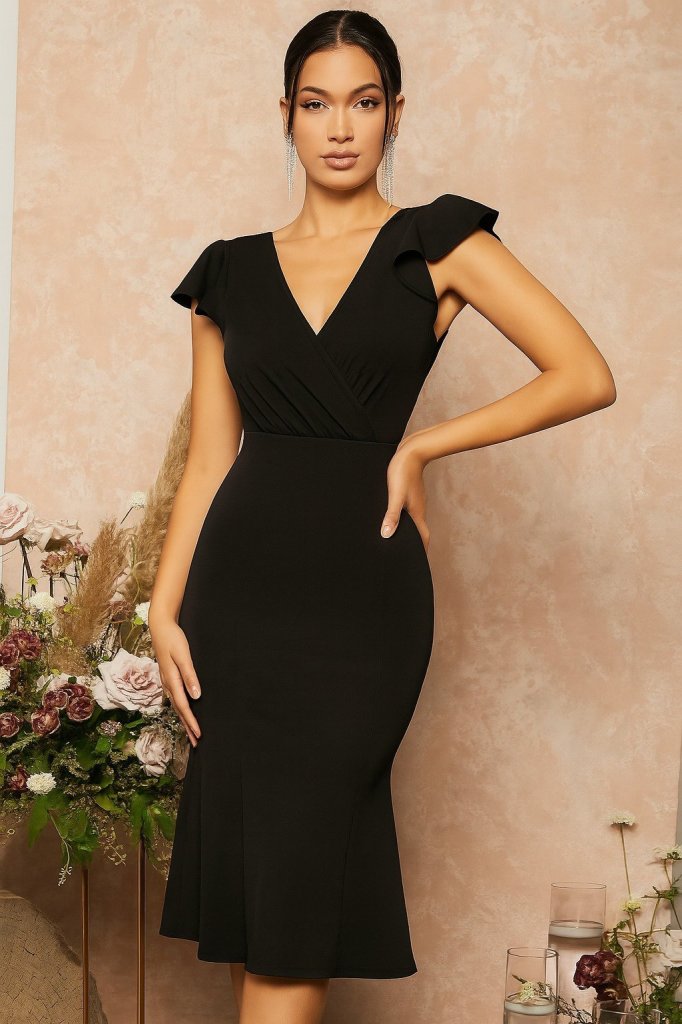 Women's Short Butterfly Sleeve Wrap Neck Imported Crepe Midi Dress