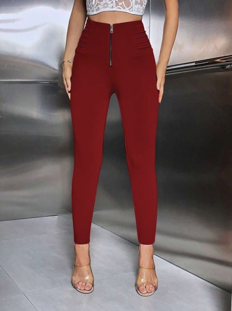 Women's High-Waist Scuba Leggings with Front Zipper and Rib Detail