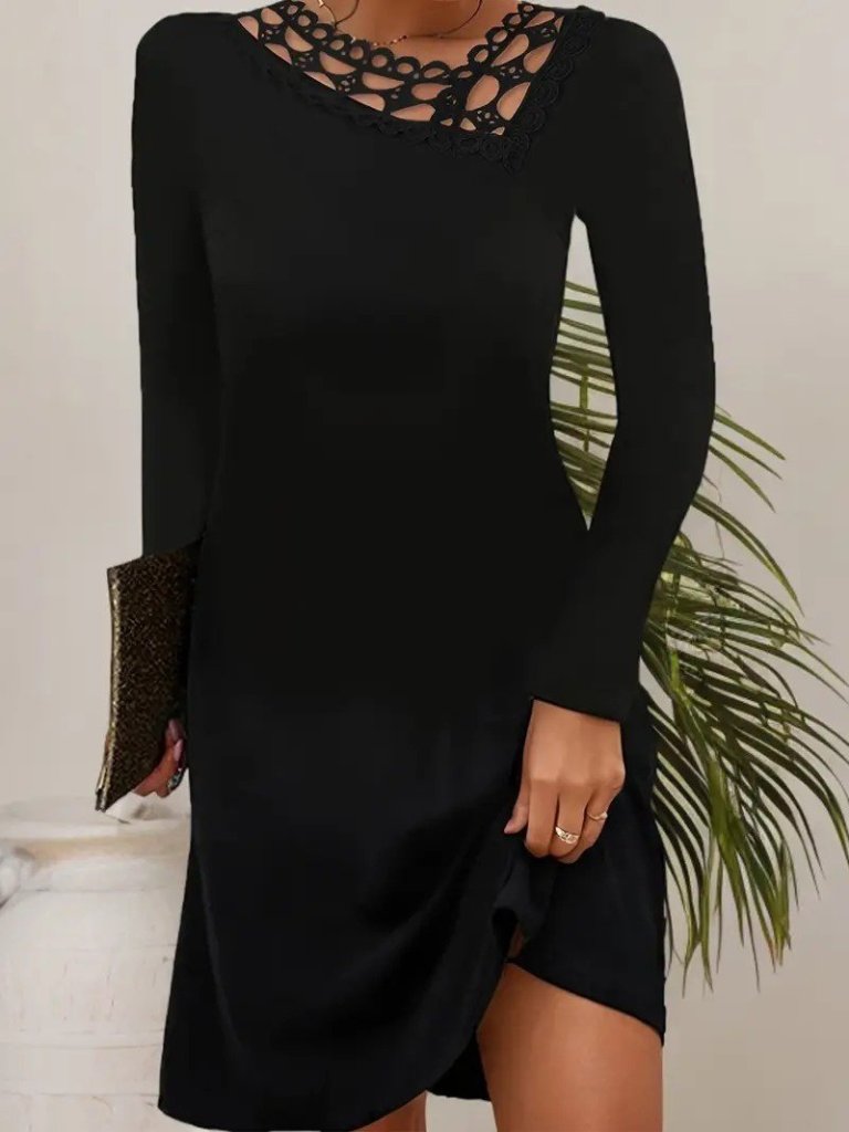 Women's Long Sleeve Lace Collar Imported Crepe Mini Dress