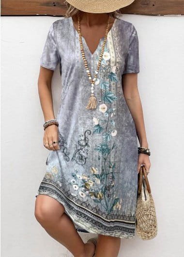 Women's Short Sleeve V-Neck Patterned Suprem Dress