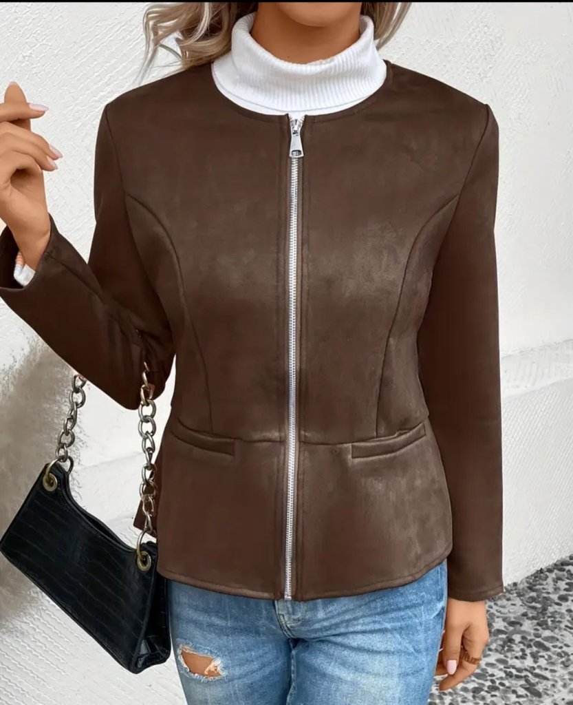 Women's Long Sleeve Round Neck Front Zip Suede Jacket
