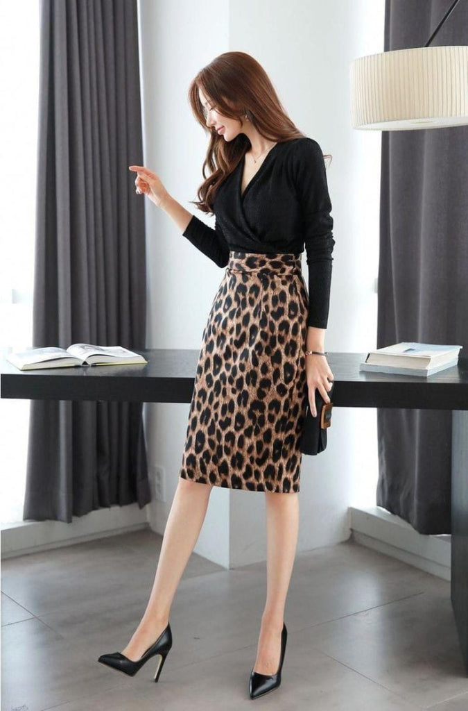 Women's Long-Sleeved Wrap Neck Top, Imported Crepe Bottom, Scuba Leopard Detailed Dress