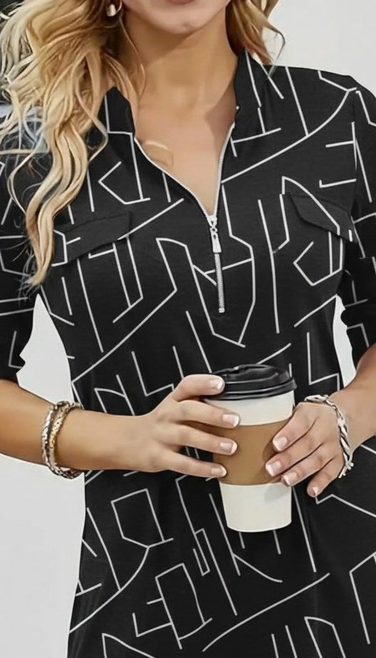 Women's Long-Sleeved Stand-Up Collar Quarter-Zip Geometric Print Supima Blouse