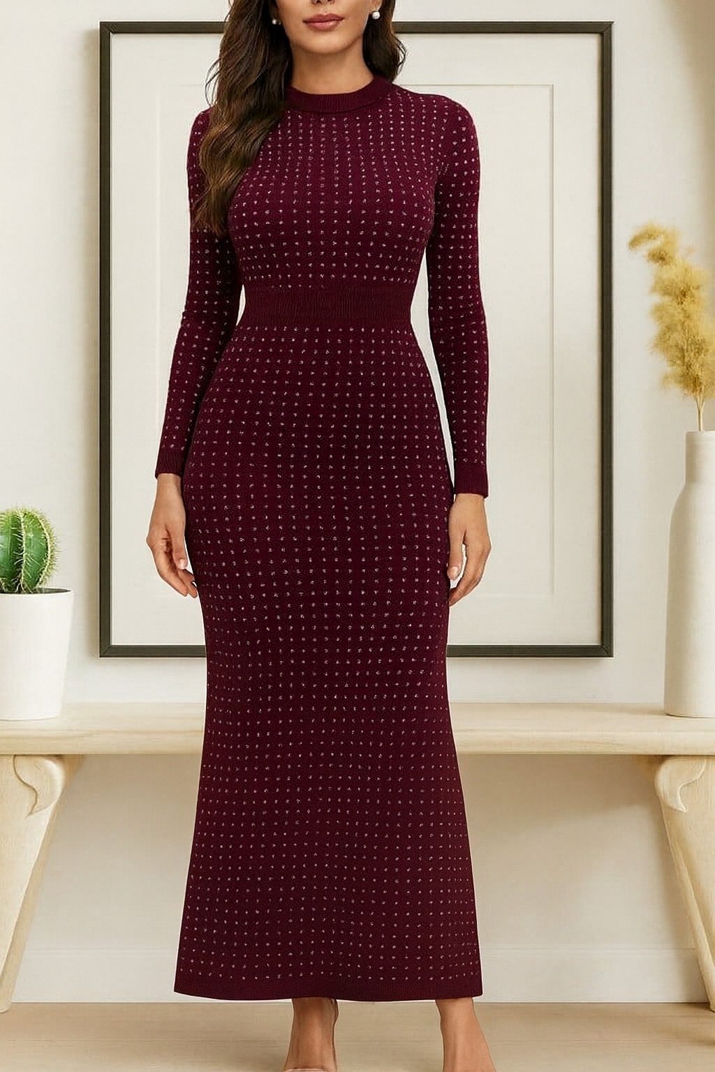 Women's Long Sleeve Crew Neck Stone Embellished Velvet Midi Dress