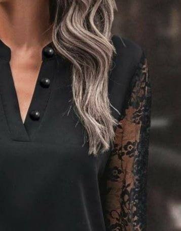 Women's Long Sleeve Collared Button Detail Guipure Lace Sleeve Crepe Blouse