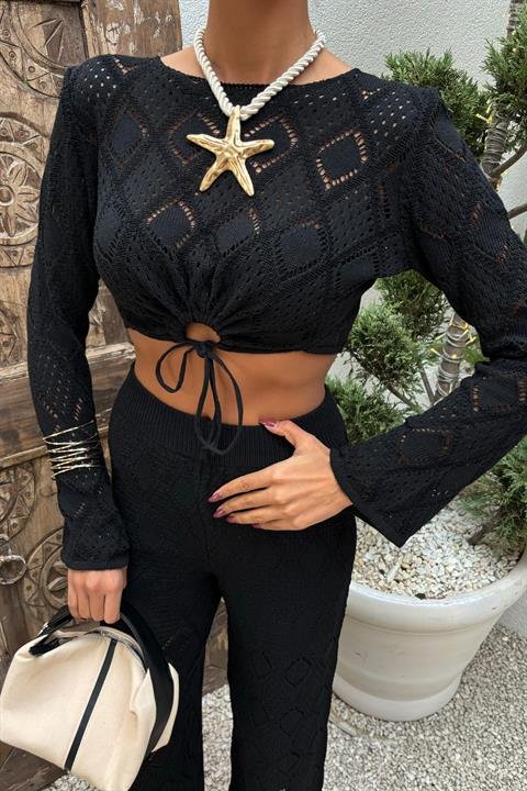 Eyelet Lace-Up Bodice Blouse and Pants Set 10098