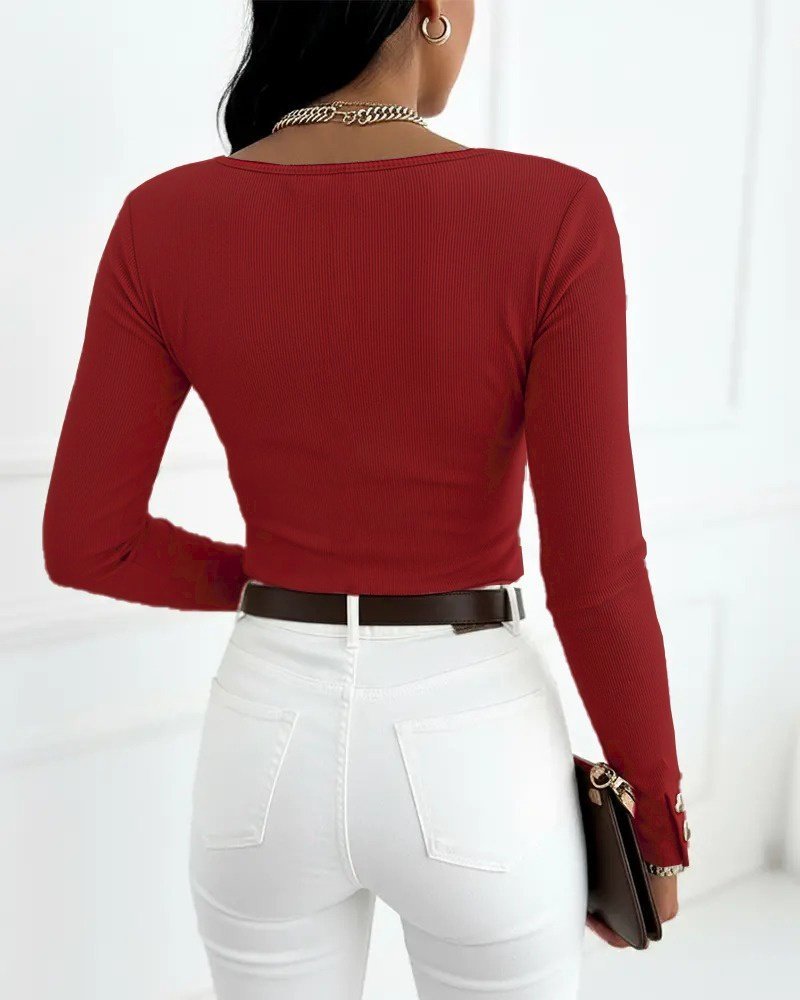 Women's Long Sleeve Open Neckline and Button Detail Ribbed Blouse