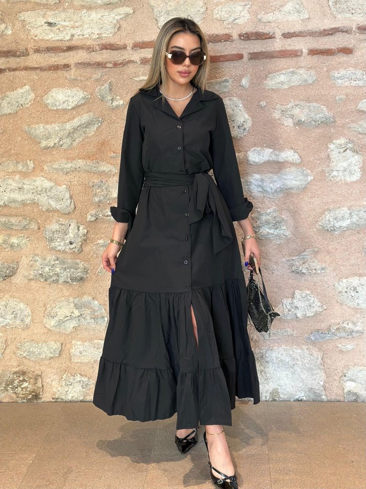 Women's Long Sleeve Ruffle Skirt Belted Tricot Full Length Shirt Dress