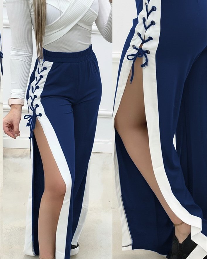 Women's High Waisted Side Crossover Lace-Up Slit Viscose Double Thread Trousers