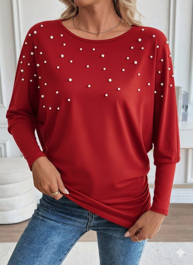 Women's Long Sleeve Round Neck Pearl Viscose Blouse