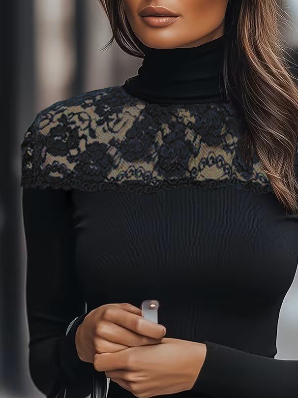 Women's Long-Sleeved Turtleneck Lace Bodysuit Blouse