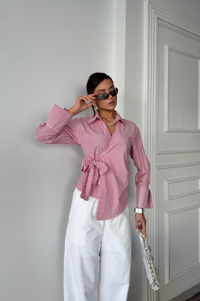STRIPED POPLIN WRAP SHIRT - Red