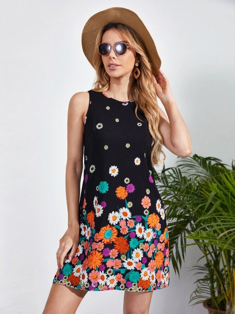Women's Sleeveless Crew Neck Floral Print Jersey Mini Dress