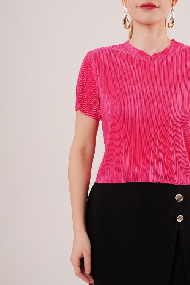 Ribbed Short-Sleeve Shiny Fuchsia Blouse