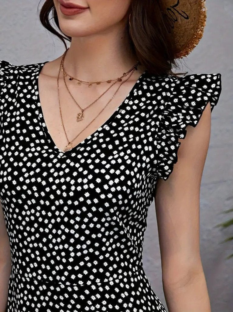 Women's Short Sleeve V-Neck Patterned Ruffled Supreem Dress