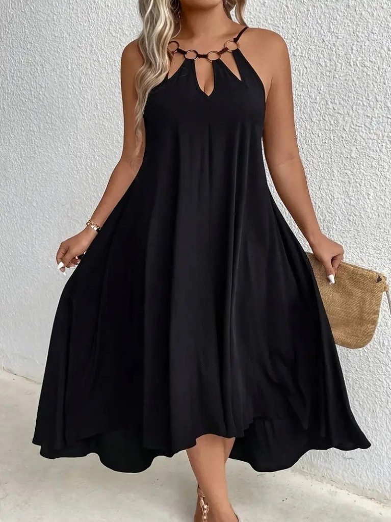 Women's Asymmetrical Viscose Dress with Ring Detail and Teardrop Cutout Neckline
