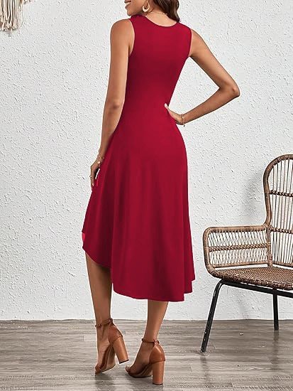 Women's Sleeveless Crew Neck Gathered Asymmetrical Hem Shimmer Crepe Dress