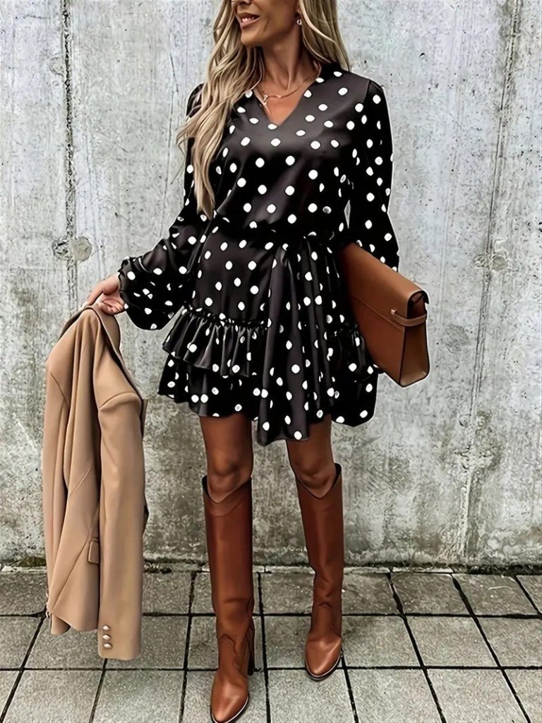 Women's Long Sleeve V-Neck Belted Polka Dot Mini Modal Dress