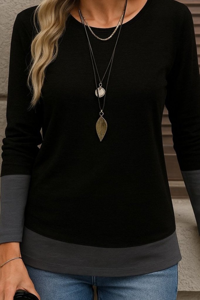 Women's Long Sleeve Open Round Neck Color Block Viscose Blouse