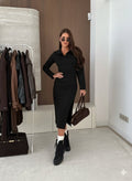 Women's Long Sleeve Collared Side Slit Midi Modal Dress