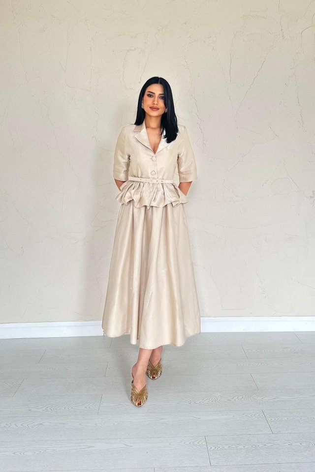 Beige Thin Belted Ruffled Jacket and Shirred Skirt Set