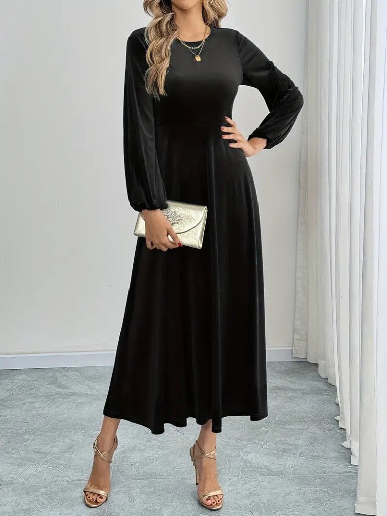 Women's Long Sleeve Crew Neck Midi Velvet Dress