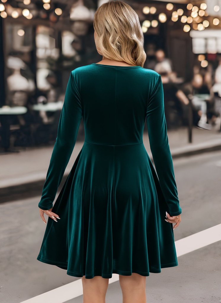 Women's Long Sleeve Wrap Collar Buckle Detail Mini Velvet Dress