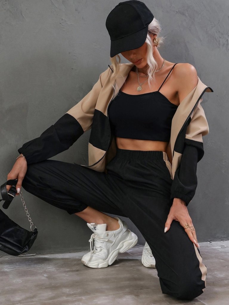 Women's Long Sleeve Hooded Front Zip Viscose Two Thread Blouse and Trousers Two-Piece Set