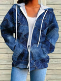 Women's Long Sleeve Hooded Zip-Up Denim Pattern Drawstring Modal Jacket