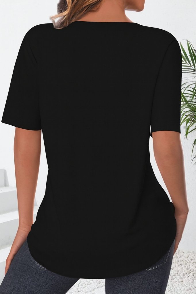 Women's Short Sleeve Notched V-Neck Button Detail Front Pleated Imported Linen Blouse