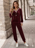 Women's Long Sleeve V-Neck Velvet Blouse and Pants Two-Piece Set