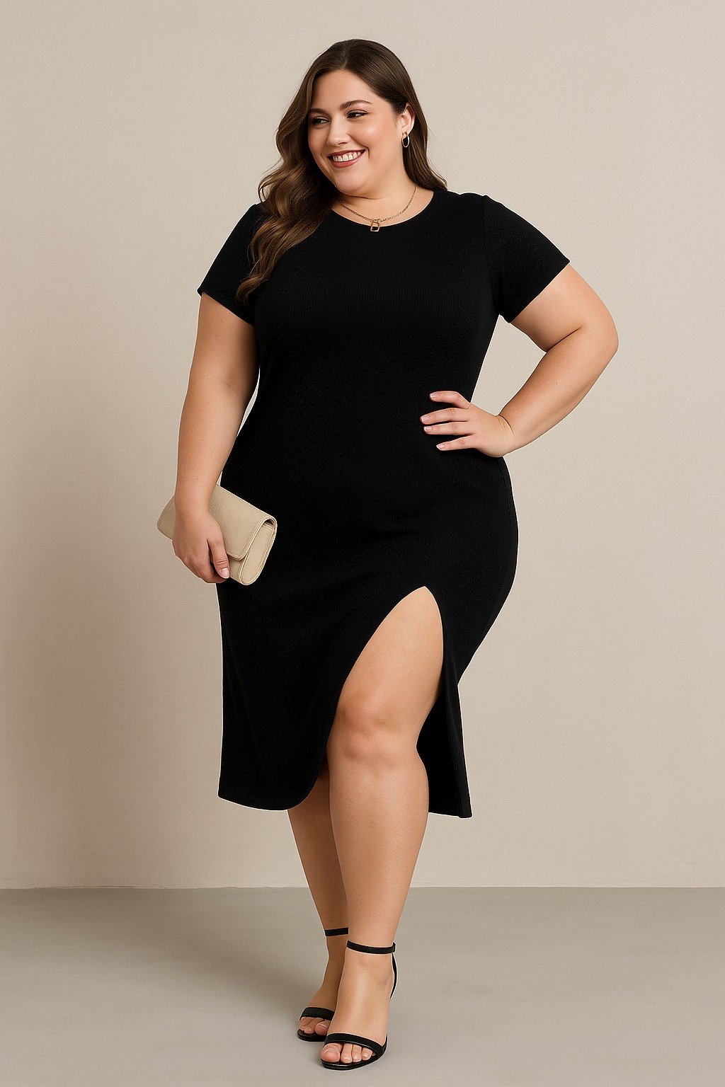 Women's Plus Size Short Sleeve Side Slit Crew Neck Viscose Dress