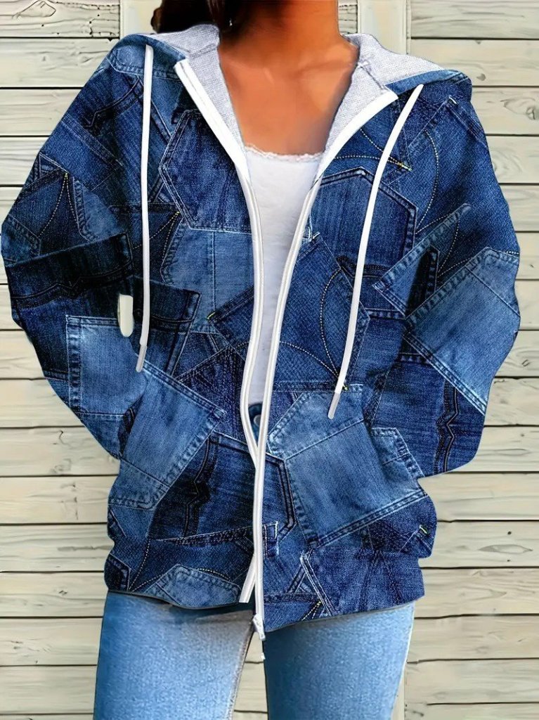 Women's Long Sleeve Hooded Zip-Up Denim Pattern Drawstring Modal Jacket