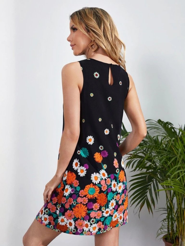 Women's Sleeveless Crew Neck Floral Print Jersey Mini Dress