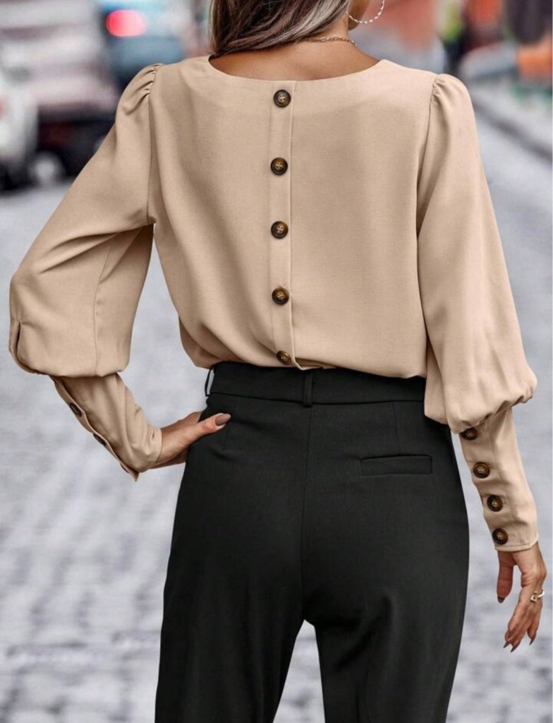 Women's Imported Crepe Blouse with Long Sleeves, Round Neck, and Buttons