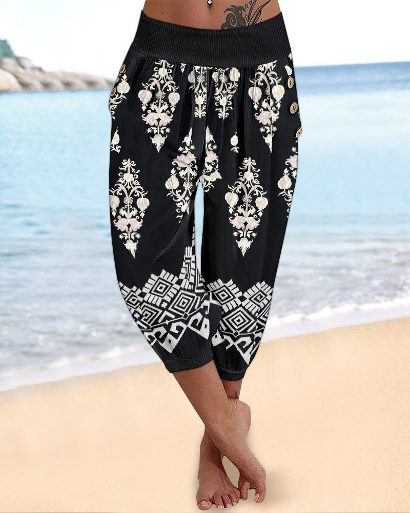 Women's Elastic-Waist Ethnic Print Capri Supra Pants