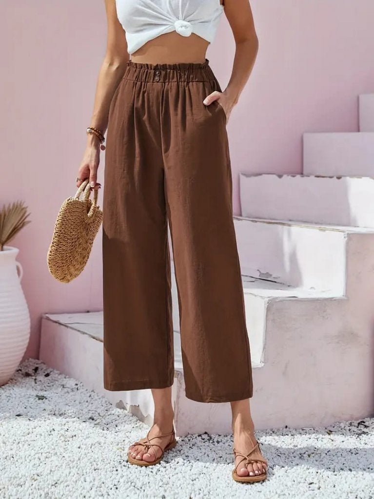 Women's Drawstring Waist Button Detail Short Wide Leg Linen Trousers