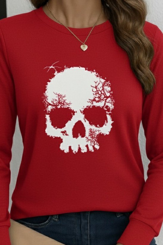 Women's Long Sleeve Crew Neck Skull Pattern Viscose Blouse