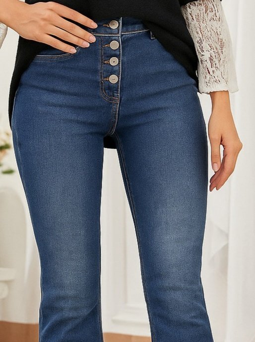 Women's High Waisted Button Front Pocket Detail Flare Leg Denim Pants