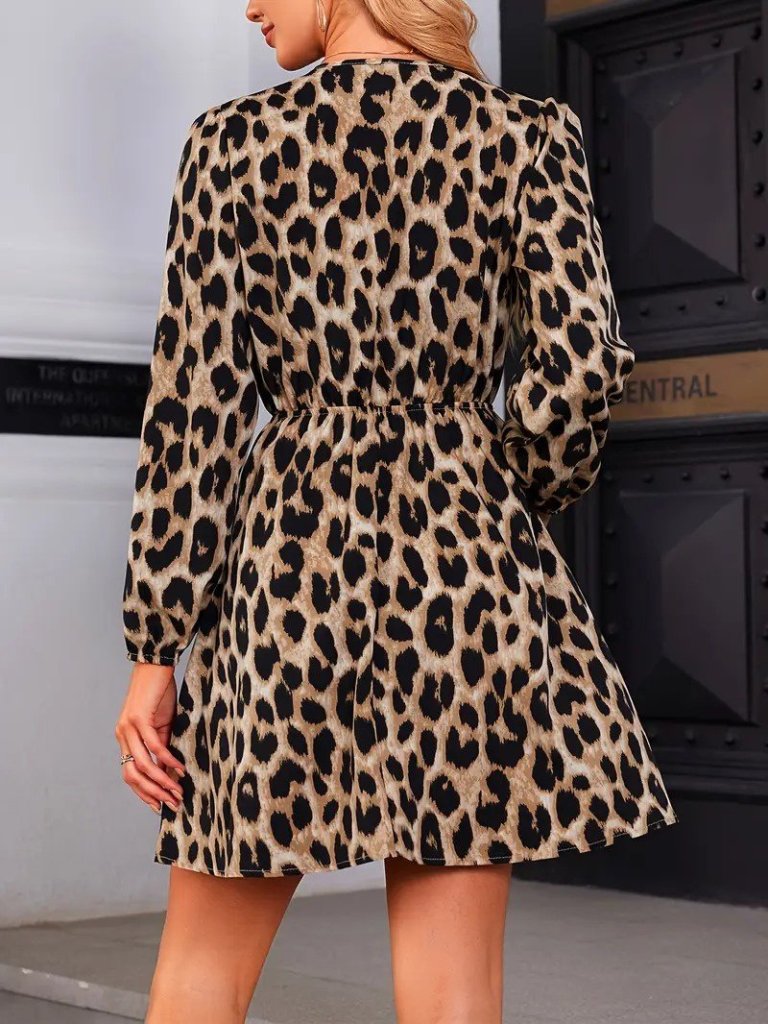 Women's Long Sleeve Wrap V-Neck Belted Patterned Mini Leopard Dress