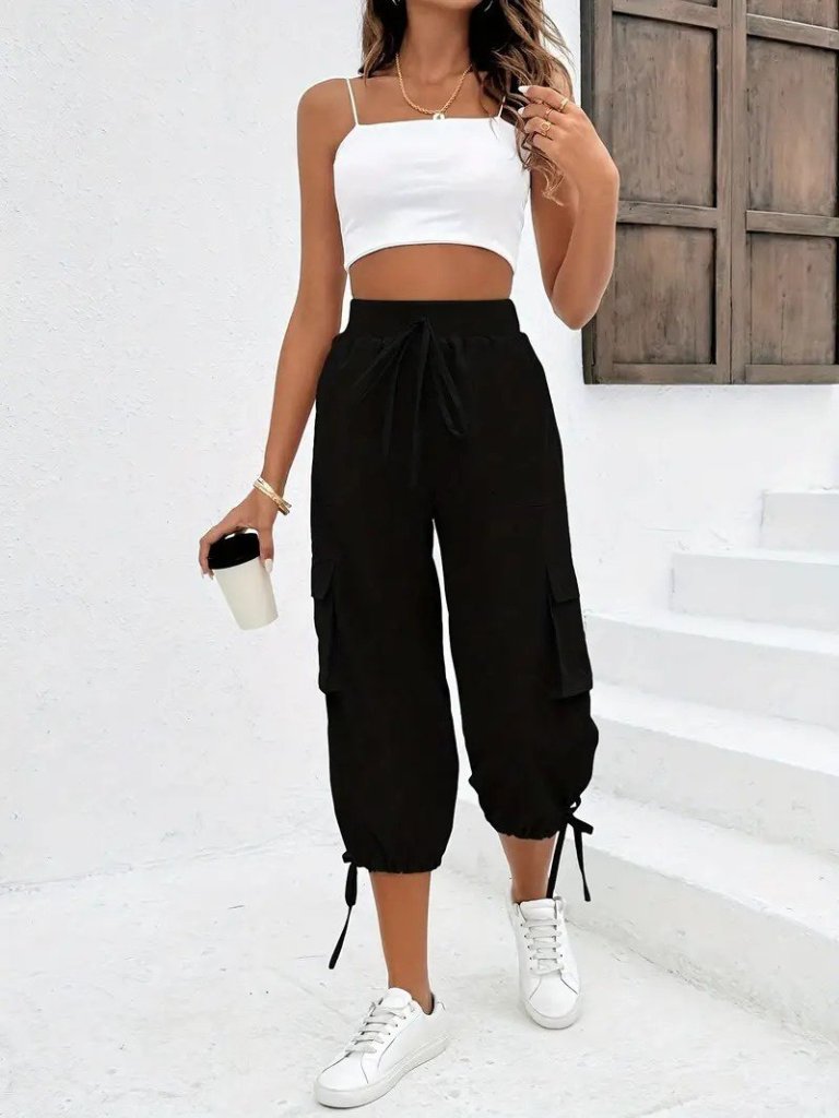 Women's High Waist Elasticated Waist Drawstring Pocketed Cargo Viscose Two-Thread Trousers