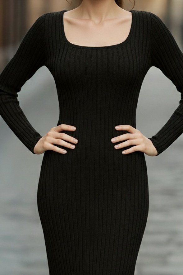 Women's Long-Sleeve Square-Neck Ribbed Fleece Midi Dress