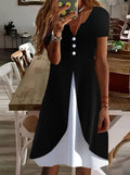 Women's Short Sleeve V-Neck Button-Front Two-Tone Viscose Dress