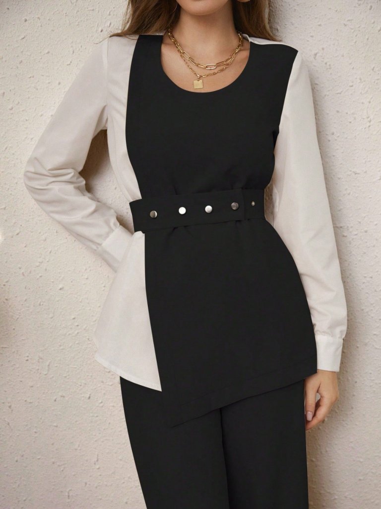 Women's Long Sleeve Open Collar Two-Tone Belted Imported Crepe Two-Piece Set