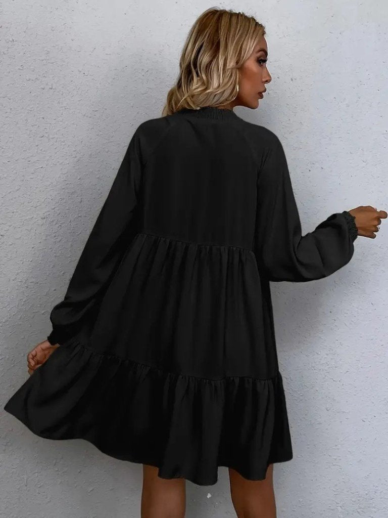 Women's Long Sleeve Tie-Neck Ruffled Linen Mini Dress