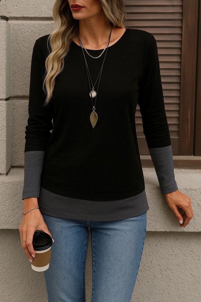 Women's Long Sleeve Open Round Neck Color Block Viscose Blouse