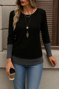 Women's Long Sleeve Open Round Neck Color Block Viscose Blouse