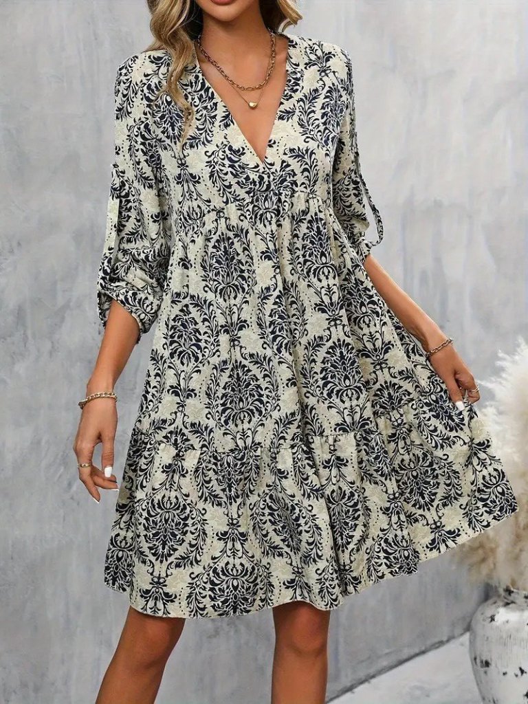 Women's Long-Sleeved V-Neck Ruffle Mini Jersey Dress