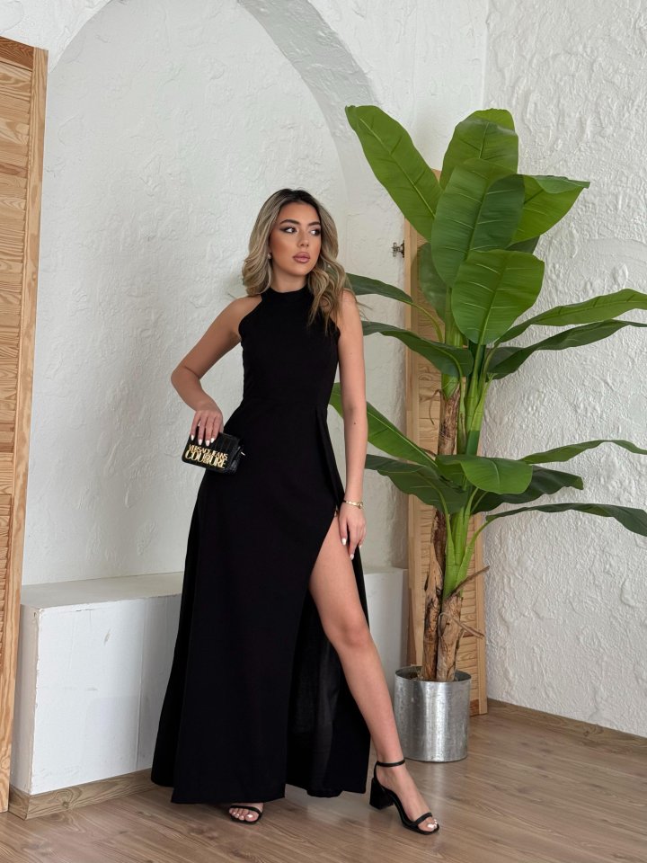 Women's Halter Neck Deep Slit Full Length Imported Crepe Evening Gown